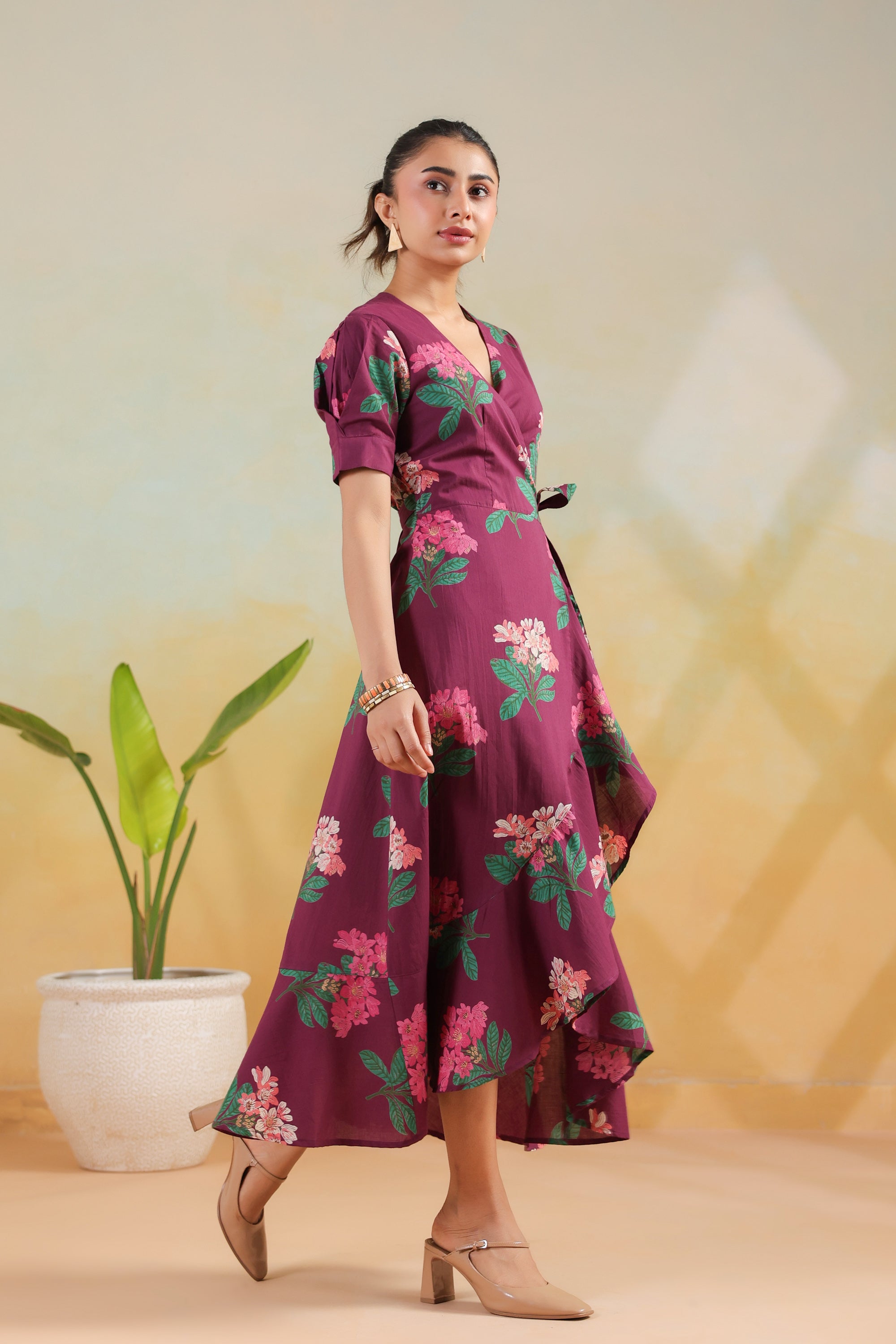 Purple Printed Cotton Floral A-Line Dress with Tie Detail