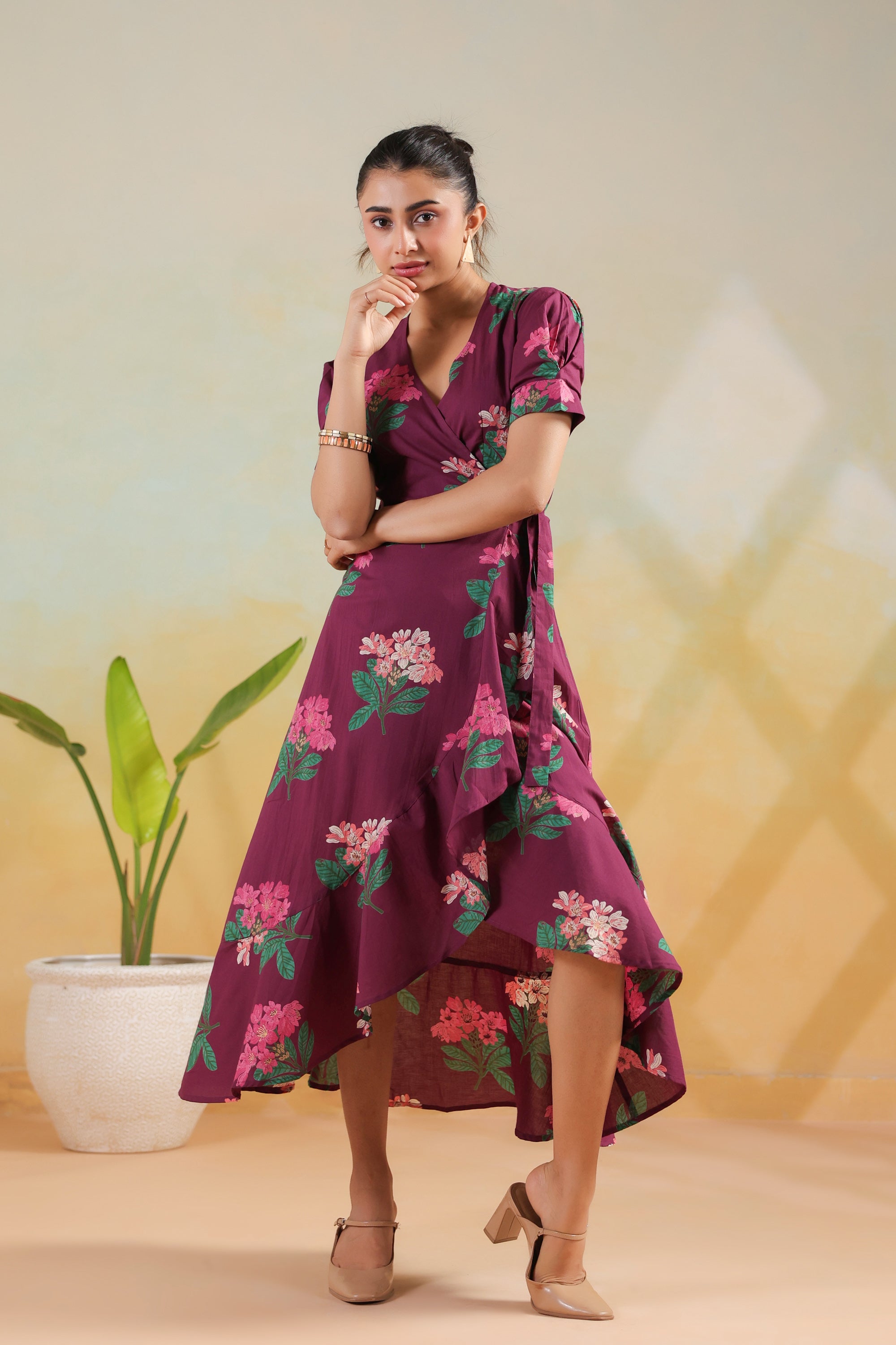 Purple Printed Cotton Floral A-Line Dress with Tie Detail