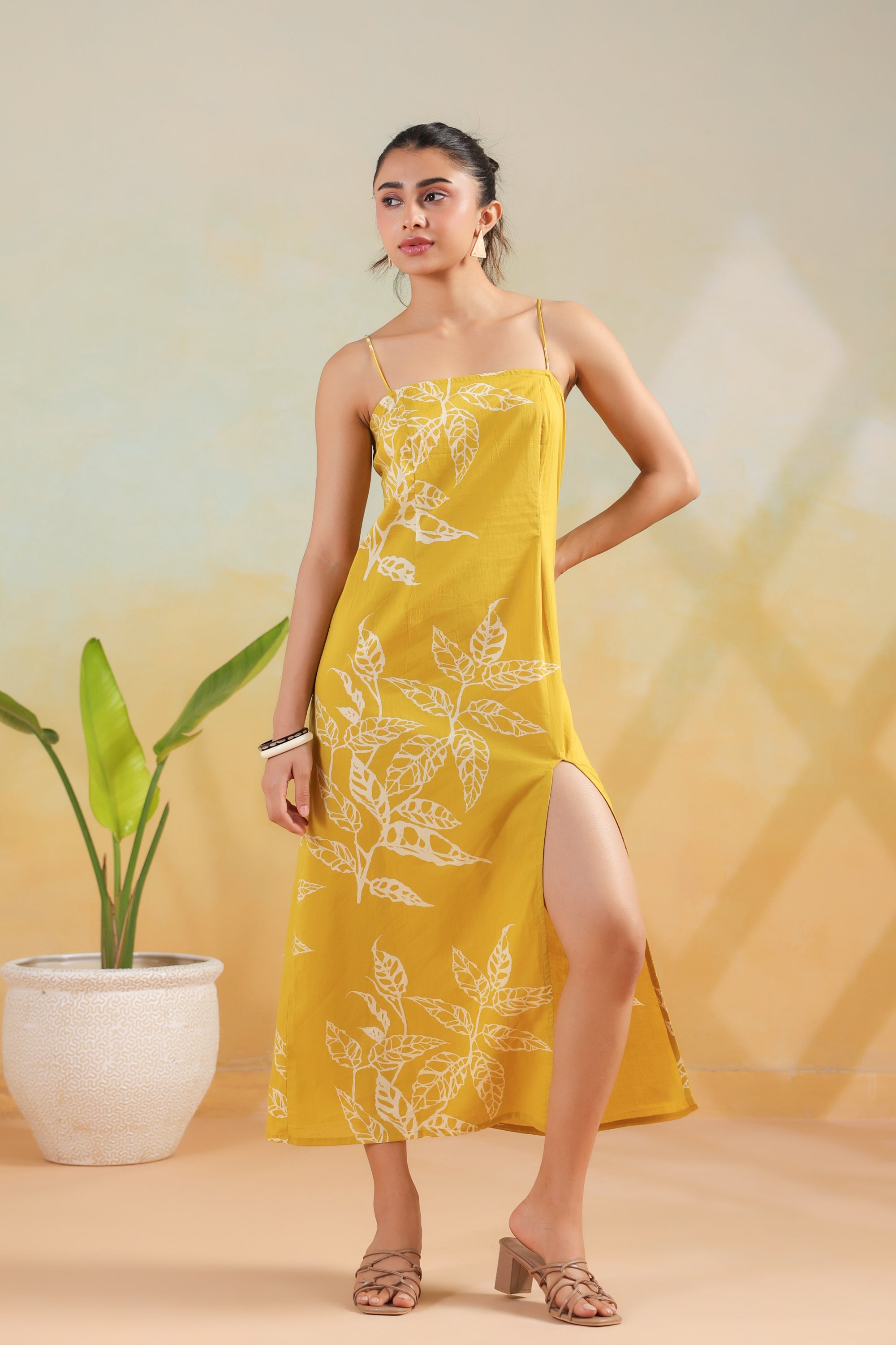 Mustard Leaf Printed Cotton Back Strappy Lace-Up Dress