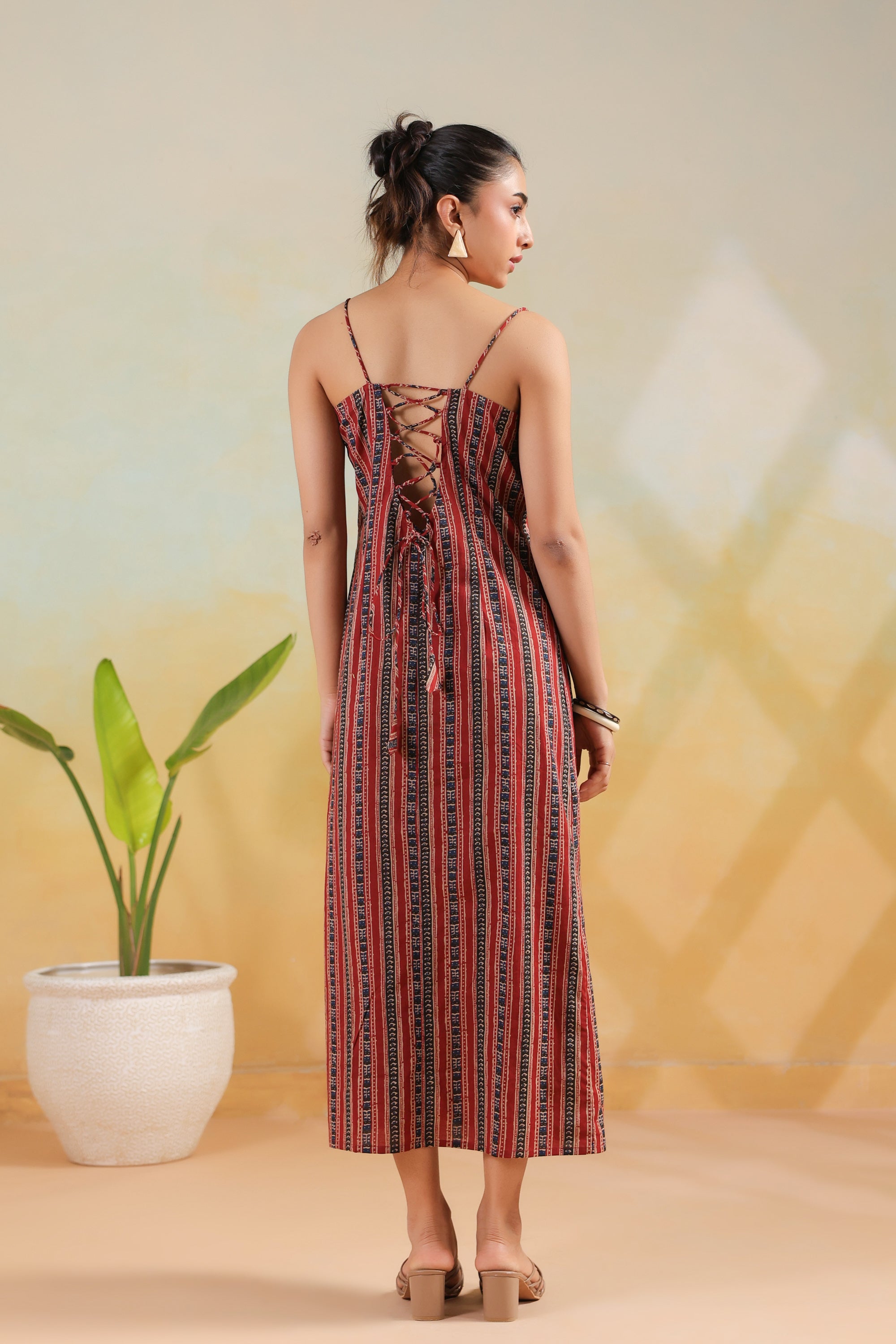 Maroon Tribal Stripe Printed Cotton Back Lace-Up Dress