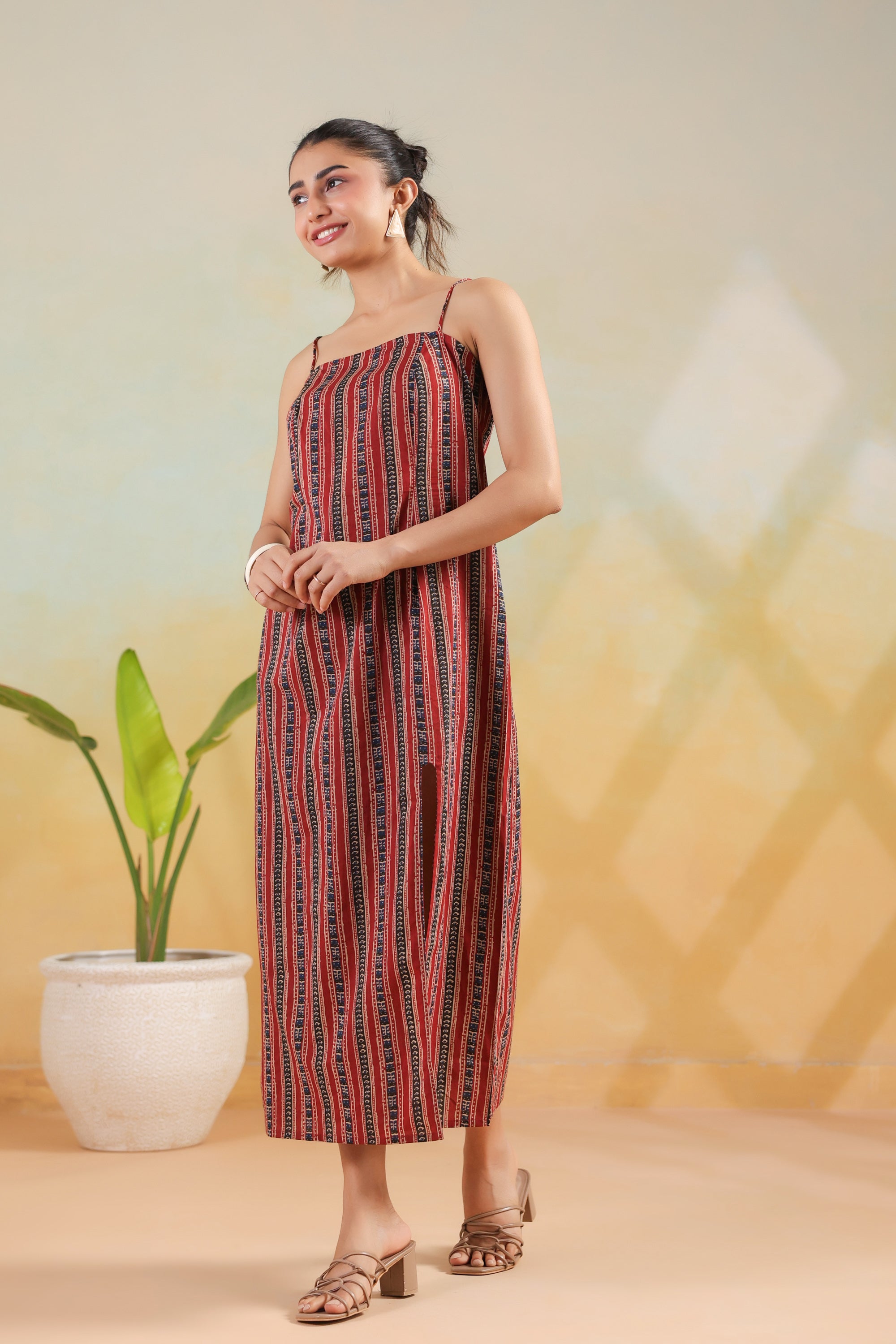 Maroon Tribal Stripe Printed Cotton Back Lace-Up Dress