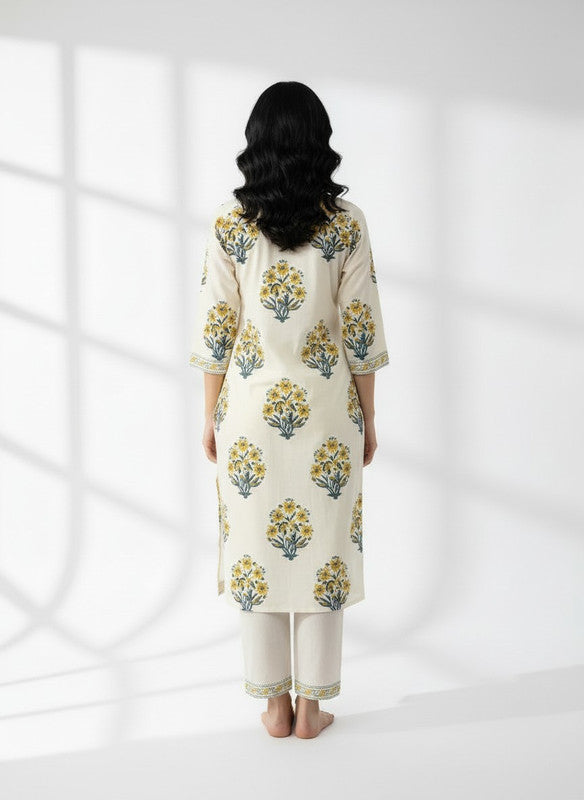 Classic Ivory & Mustard Botanical Printed Kurta Pant Set