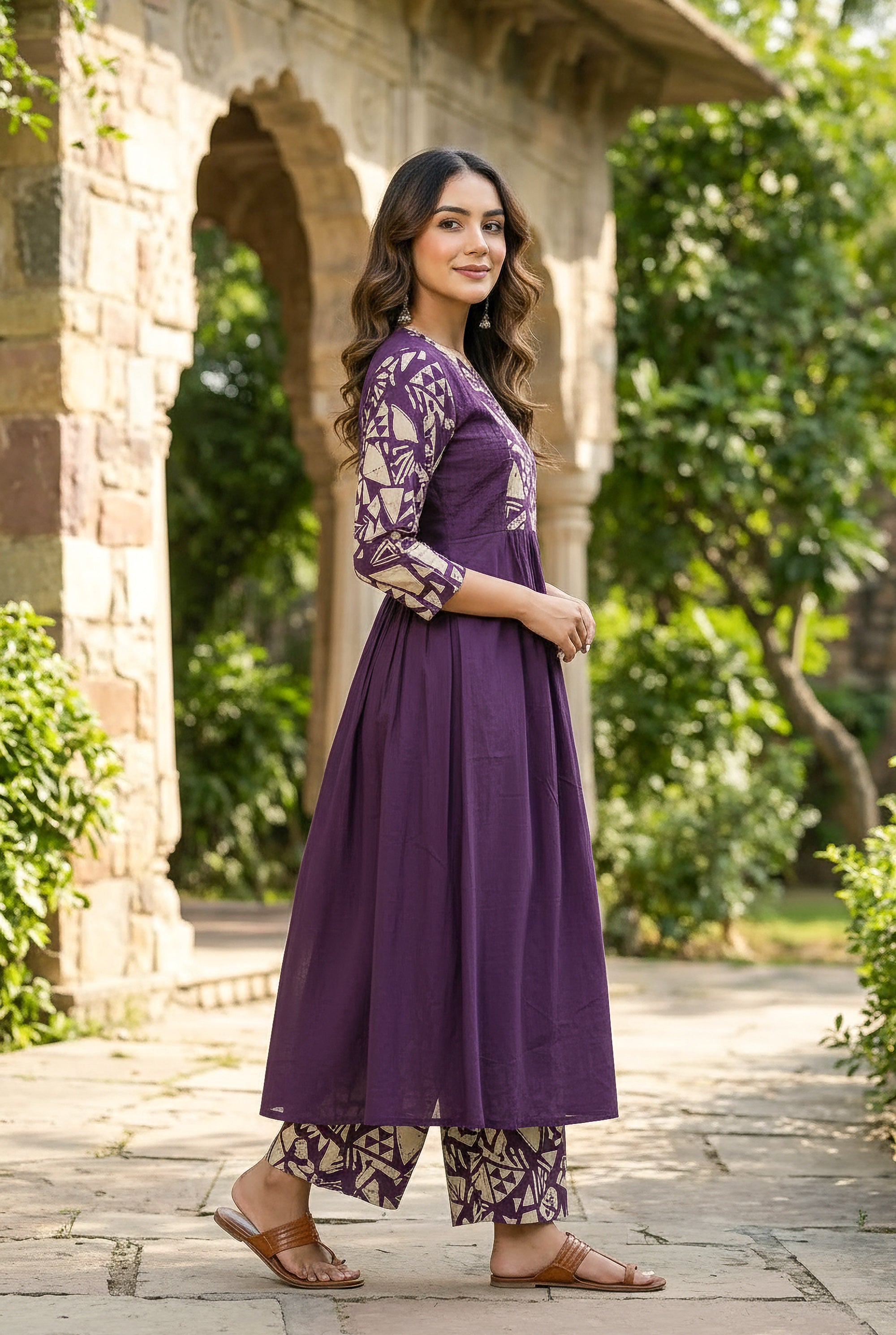 Purple Printed Cotton Kurta Set with Dupatta