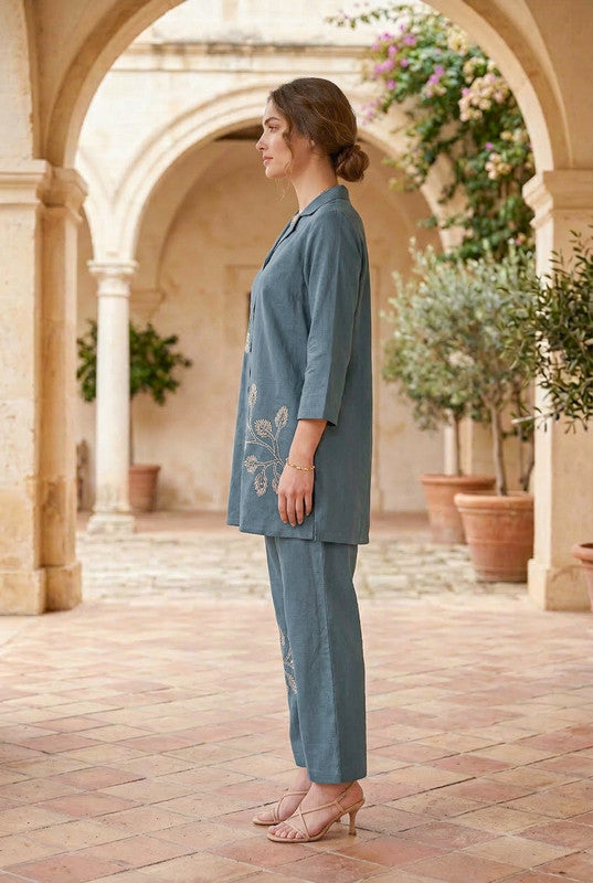 Slate Grey Floral Embroidered Cotton Co-ord Set with Shirt Collar