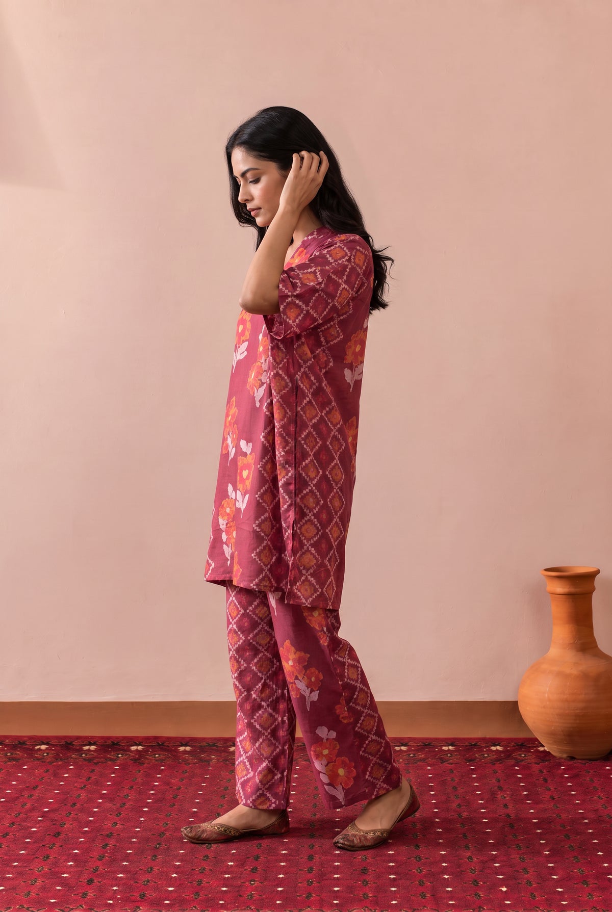 Maroon Floral Mosaic Printed Cotton Co-ord Set