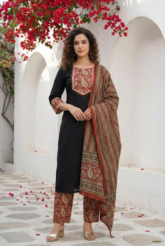 Classic Black Ethnic Kurta Set with Printed Dupatta