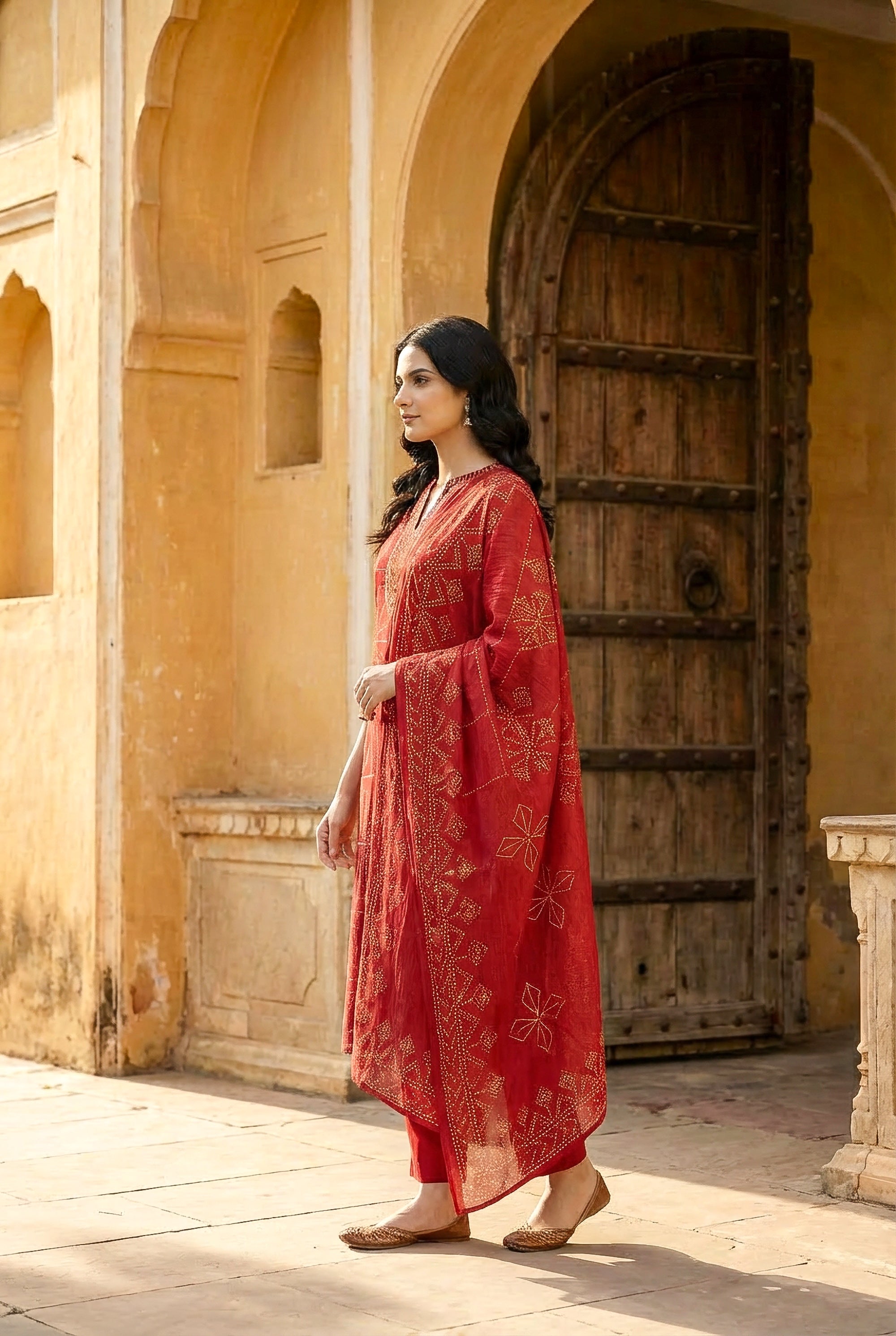 Classic Crimson Bandhani Motif Kurta Set with Dupatta