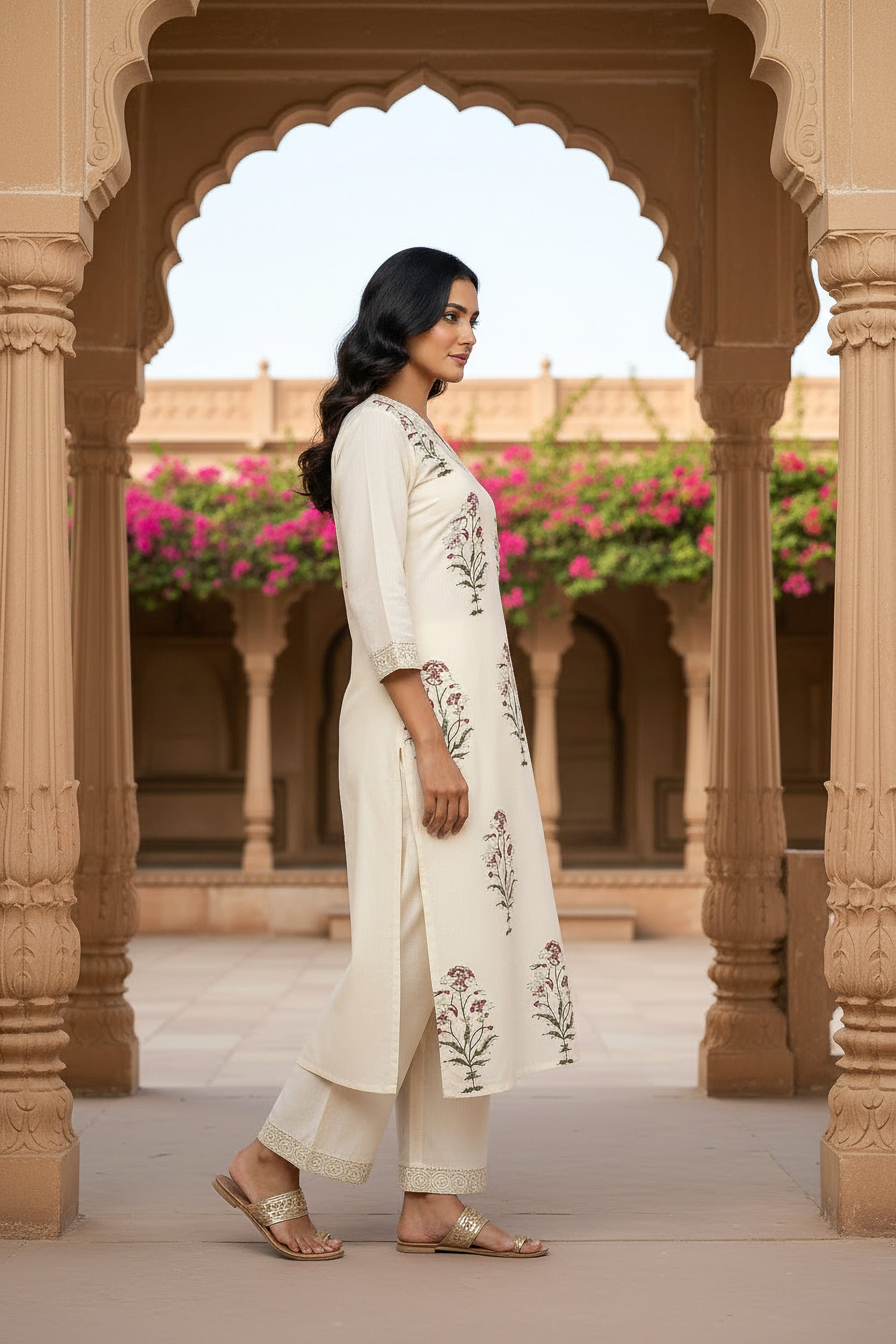 Graceful Ivory Floral Printed Kurta Set with Lace Border Detailing