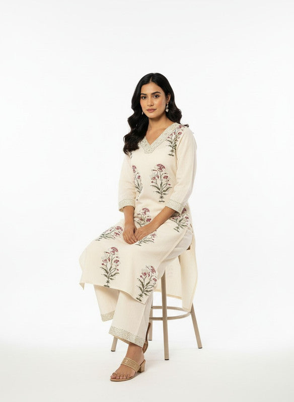 Graceful Ivory Floral Printed Kurta Set with Lace Border Detailing