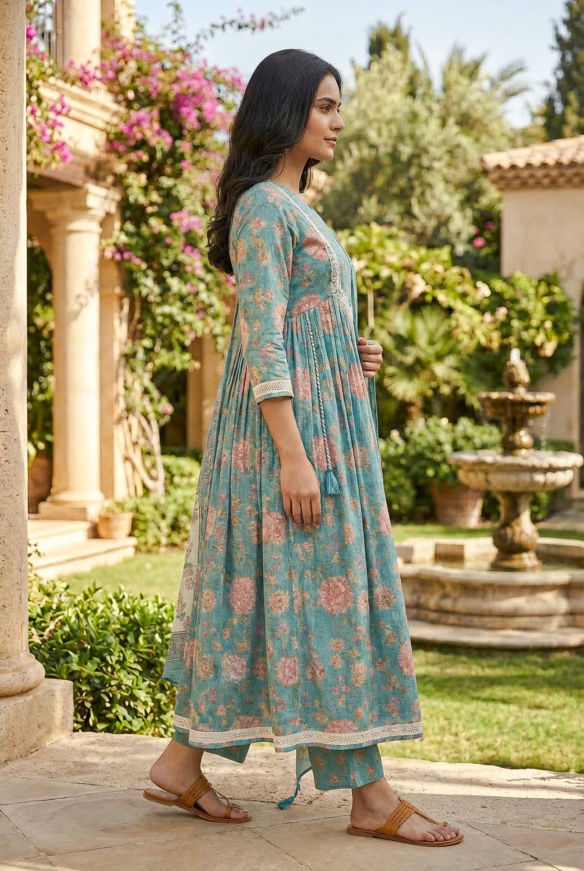 Elegant Teal Floral Anarkali Kurta Pant Set with Dupatta