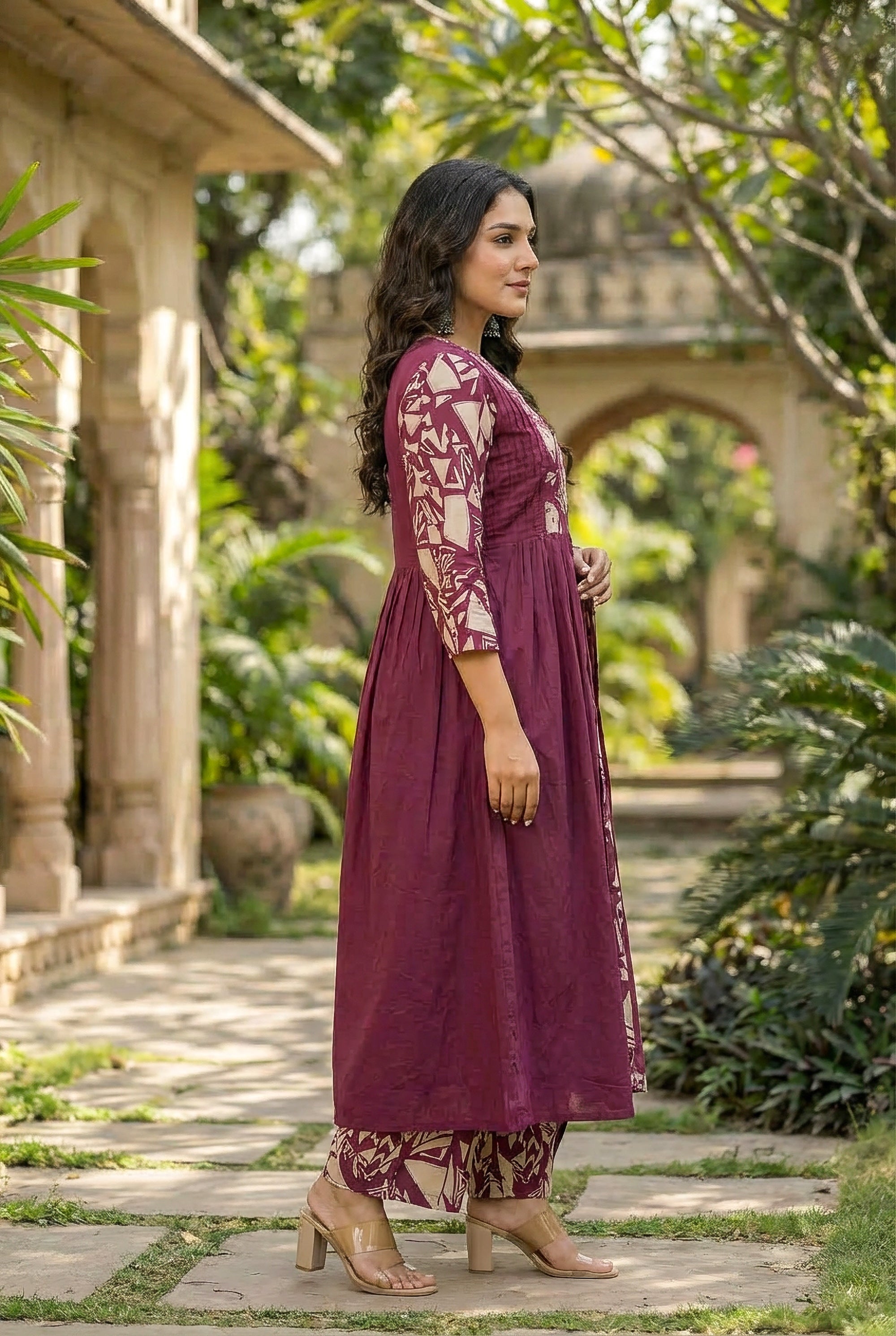 Maroon Printed Cotton Kurta Set with Dupatta