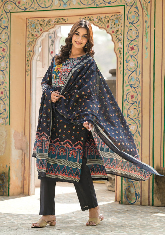 Classic Black Ethnic Printed Kurta Pant Set with Dupatta