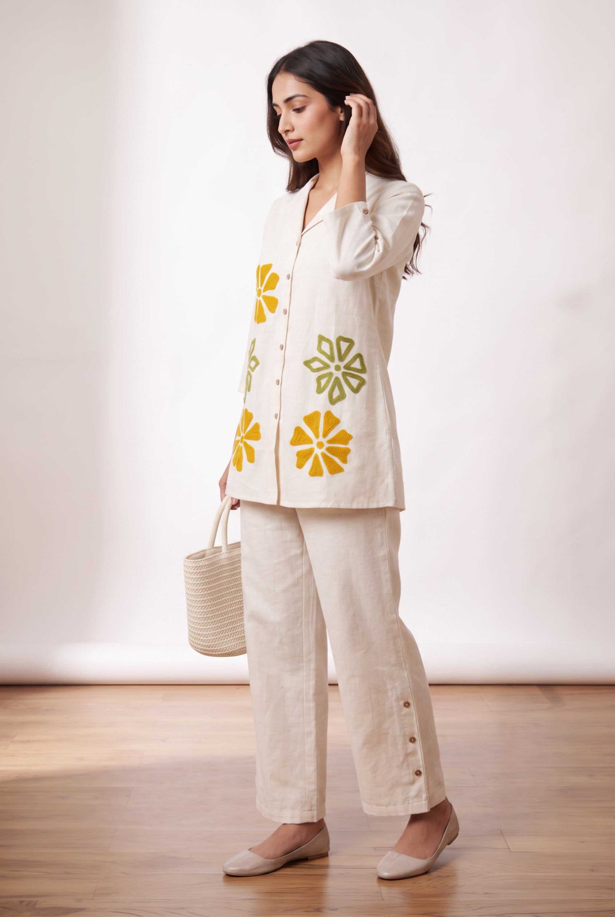 Off White Floral Embroidery Cotton Flex Co-ord Set