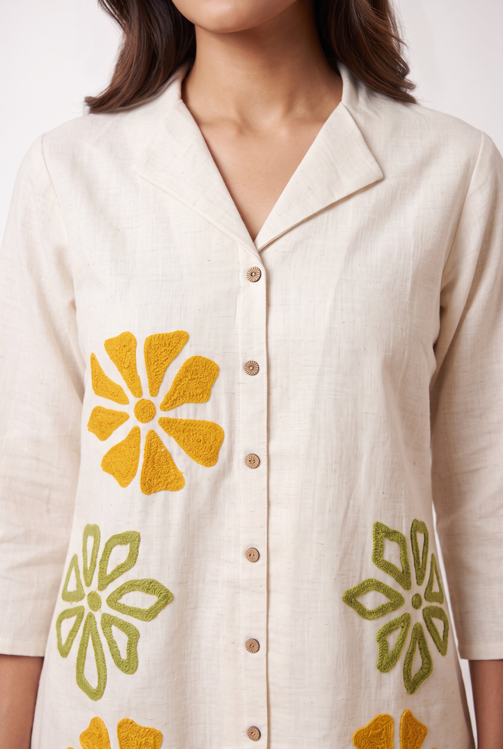 Off White Floral Embroidery Cotton Flex Co-ord Set