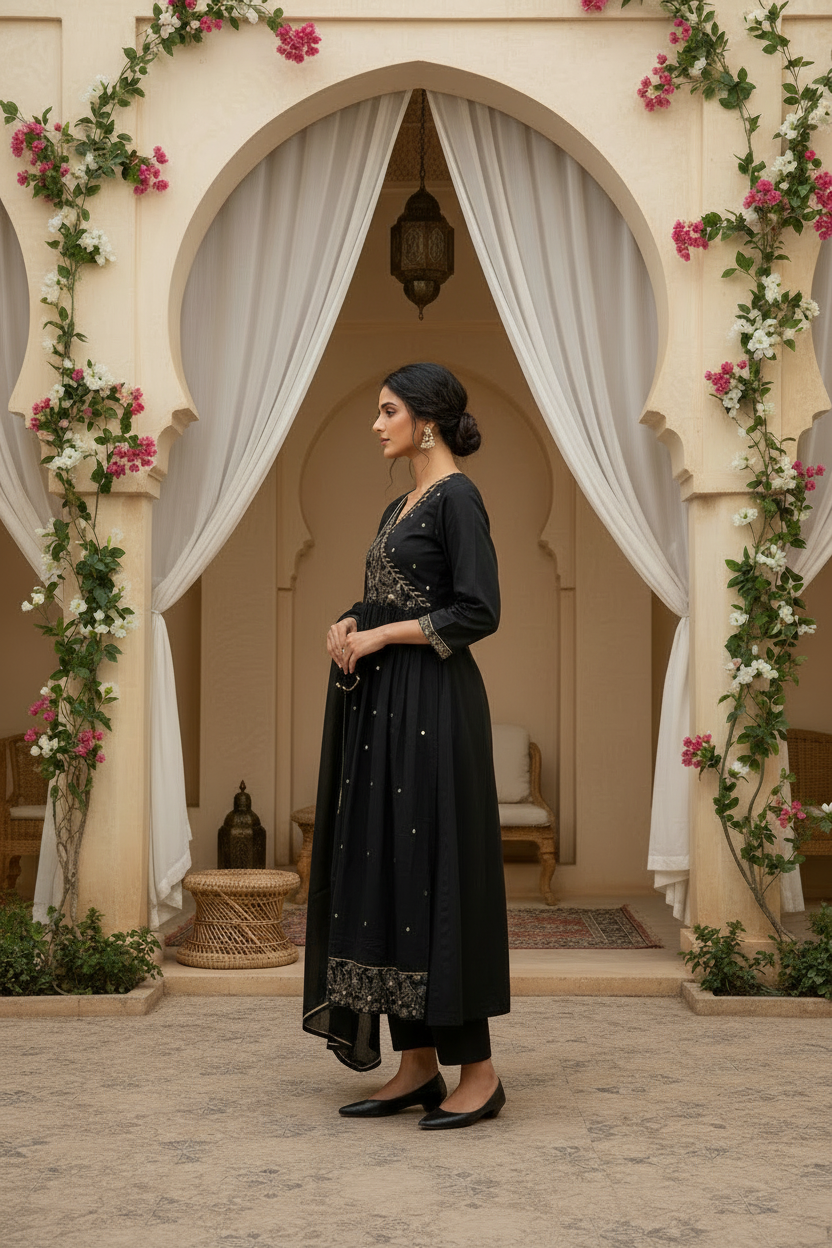 Black Embroidered Anarkali Kurta Pant Set with Dupatta