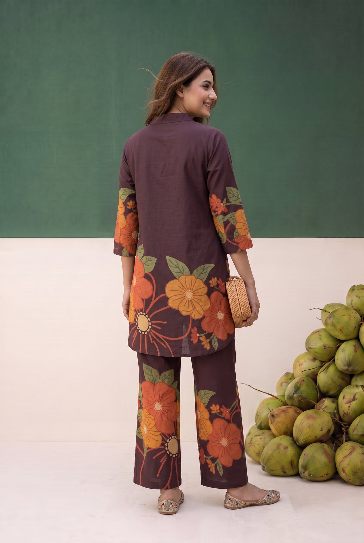 Brown Contrast Floral Printed Cotton Co-ord Set
