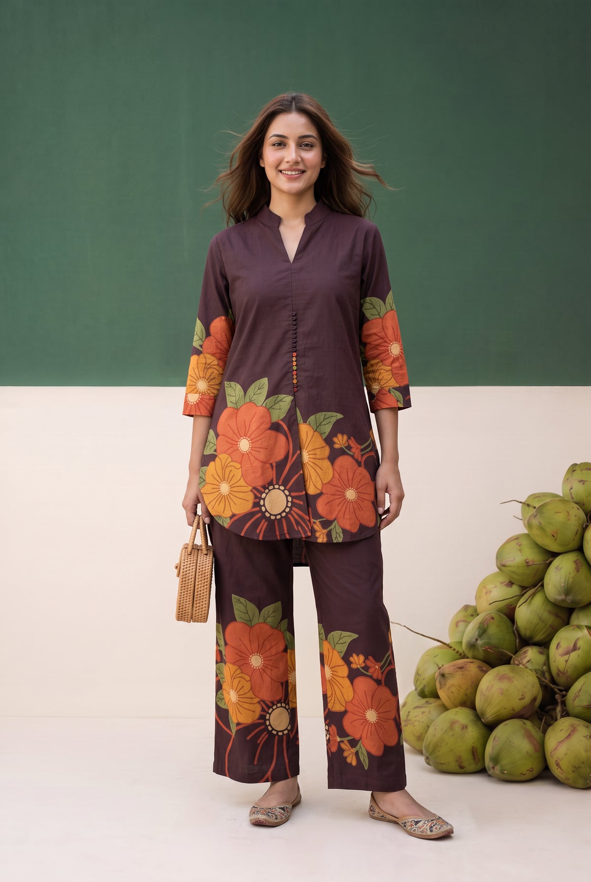 Brown Contrast Floral Printed Cotton Co-ord Set