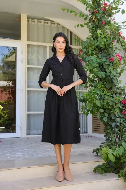 flex cotton dress Dressberry Womens Solid Cotton Flex Dress 3/4th Long Puffed Sleeves Tiered Above Knee Length Regular Wear Light Weighted Casual Summer Dress, Women's,