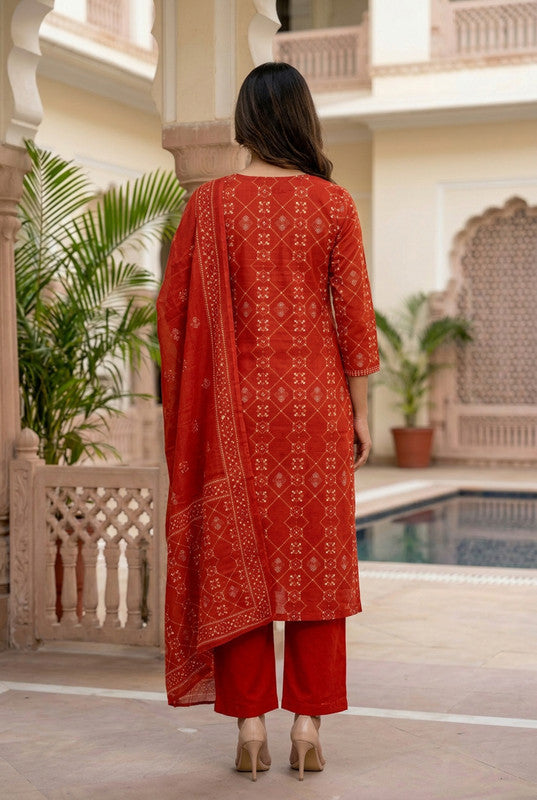 Red Zari Traditional Inspired Cotton Printed Kurta Set with Dupatta