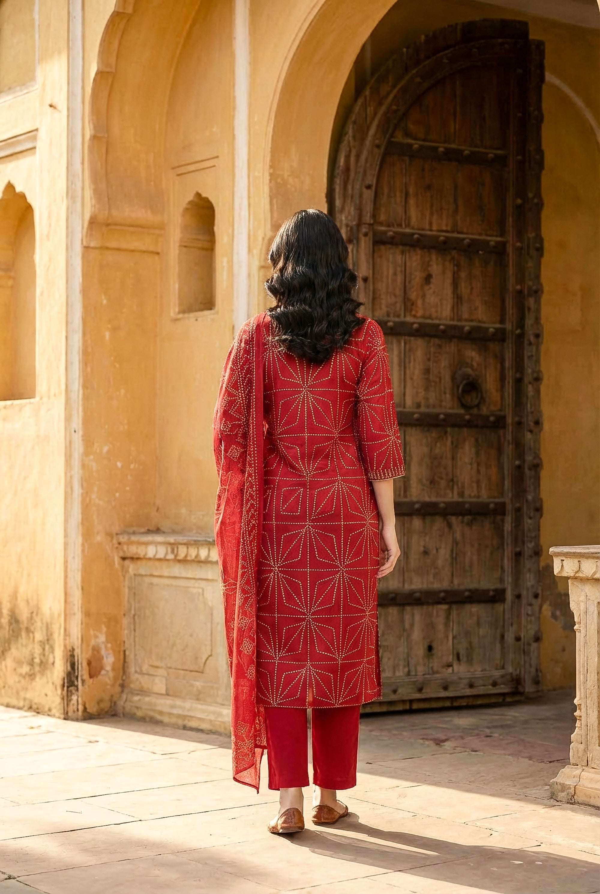 Classic Crimson Bandhani Motif Kurta Set with Dupatta