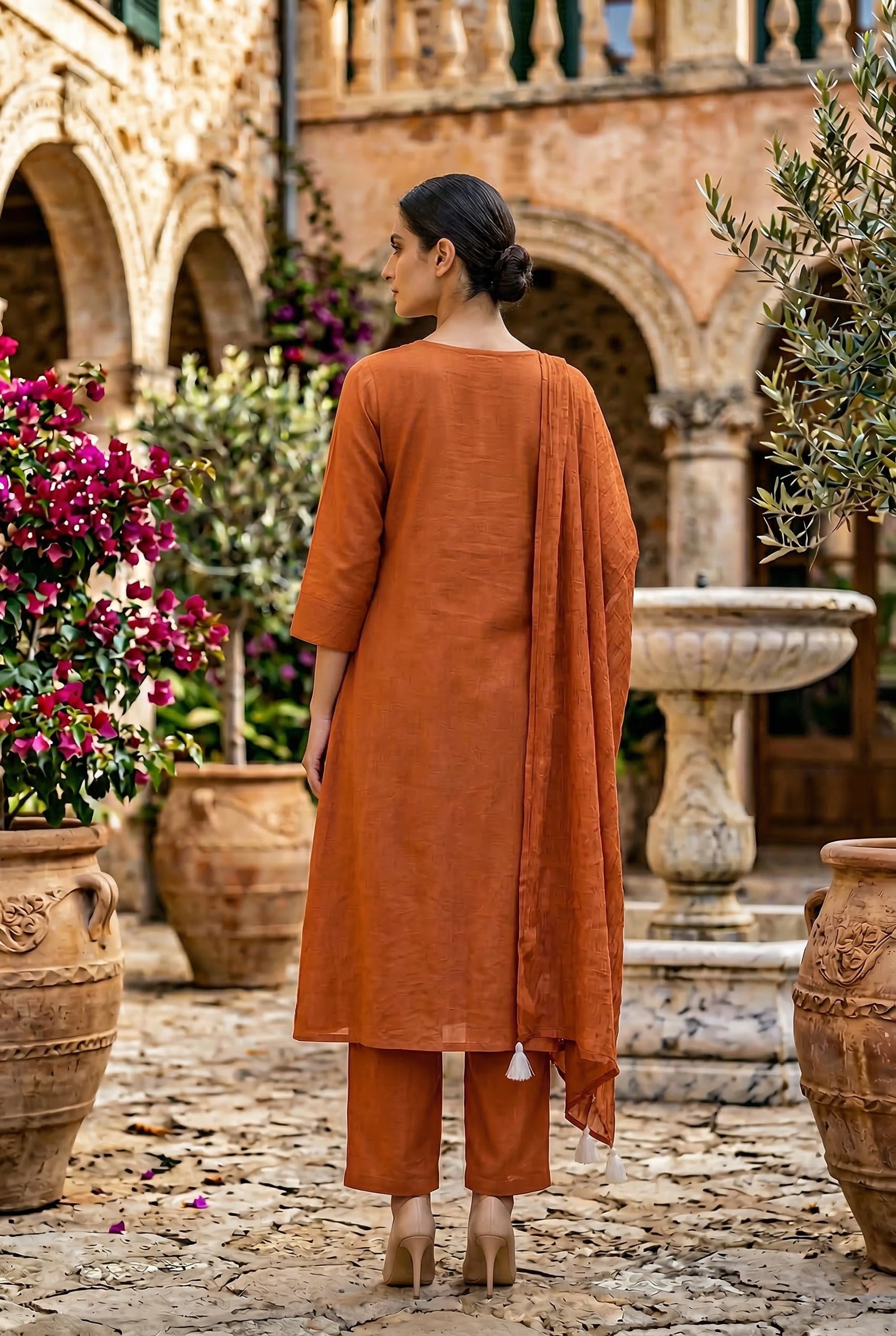 Rust Floral Botanical Ethnic Embroidered Cotton Kurta Set with Dupatta