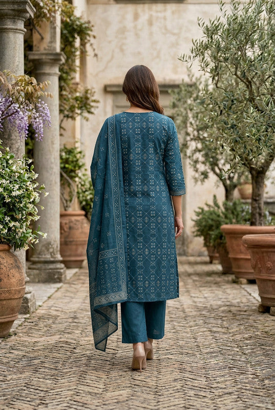 Teal Mughal Heritage Printed Cotton Kurta Set with Dupatta