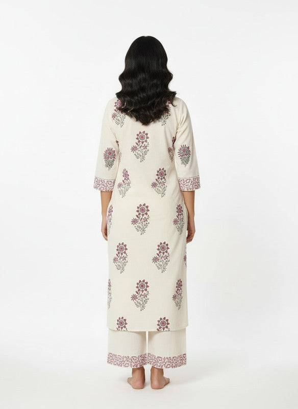Ivory Floral Printed Ethnic Kurta Palazzo Set with Neck & Cuff Detailing