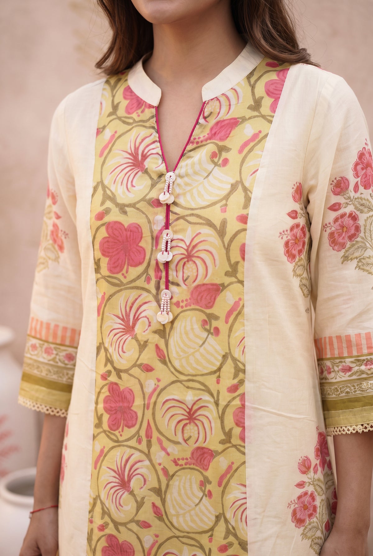 Cream Floral Printed Mul Cotton Kurta Set