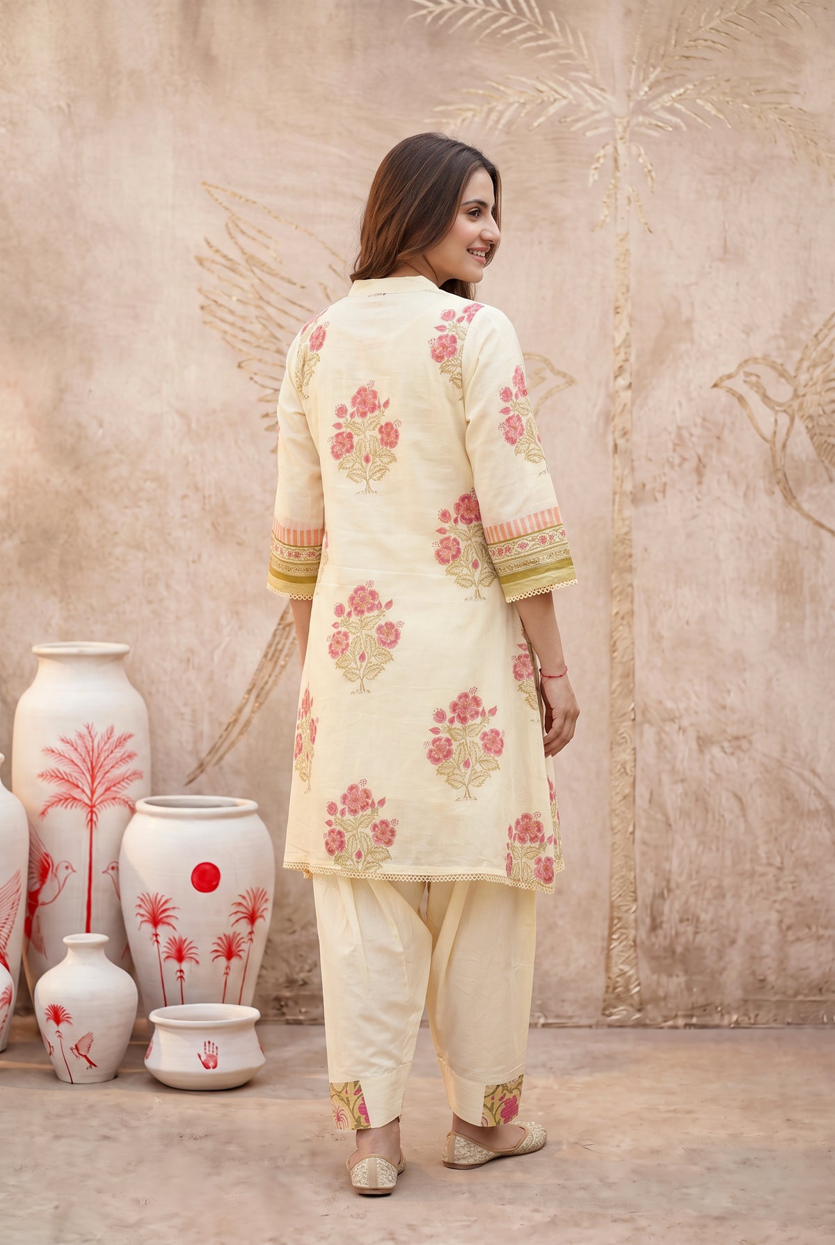 Cream Floral Printed Mul Cotton Kurta Set