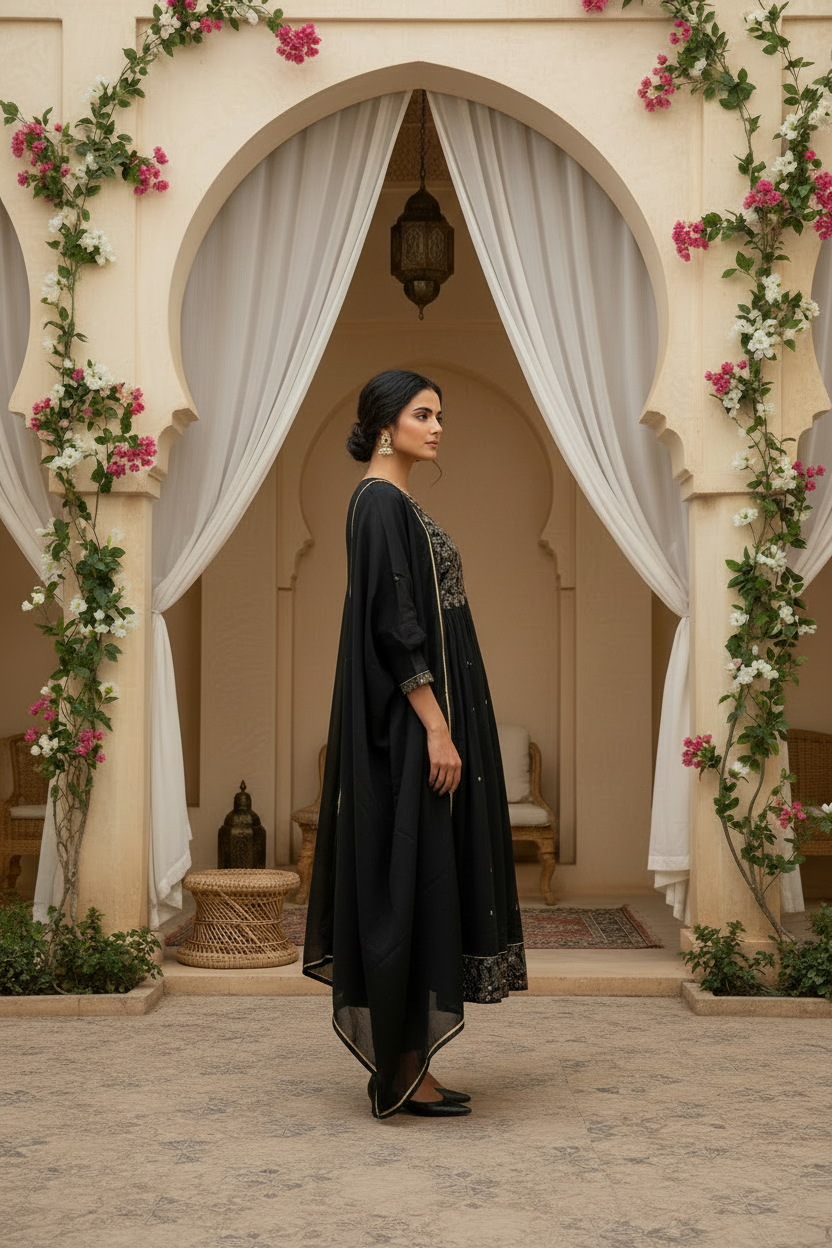 Black Embroidered Anarkali Kurta Pant Set with Dupatta