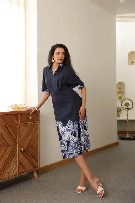 Indigo Birdscape Cotton Dress
