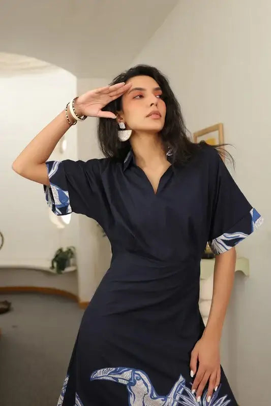 Indigo Birdscape Cotton Dress