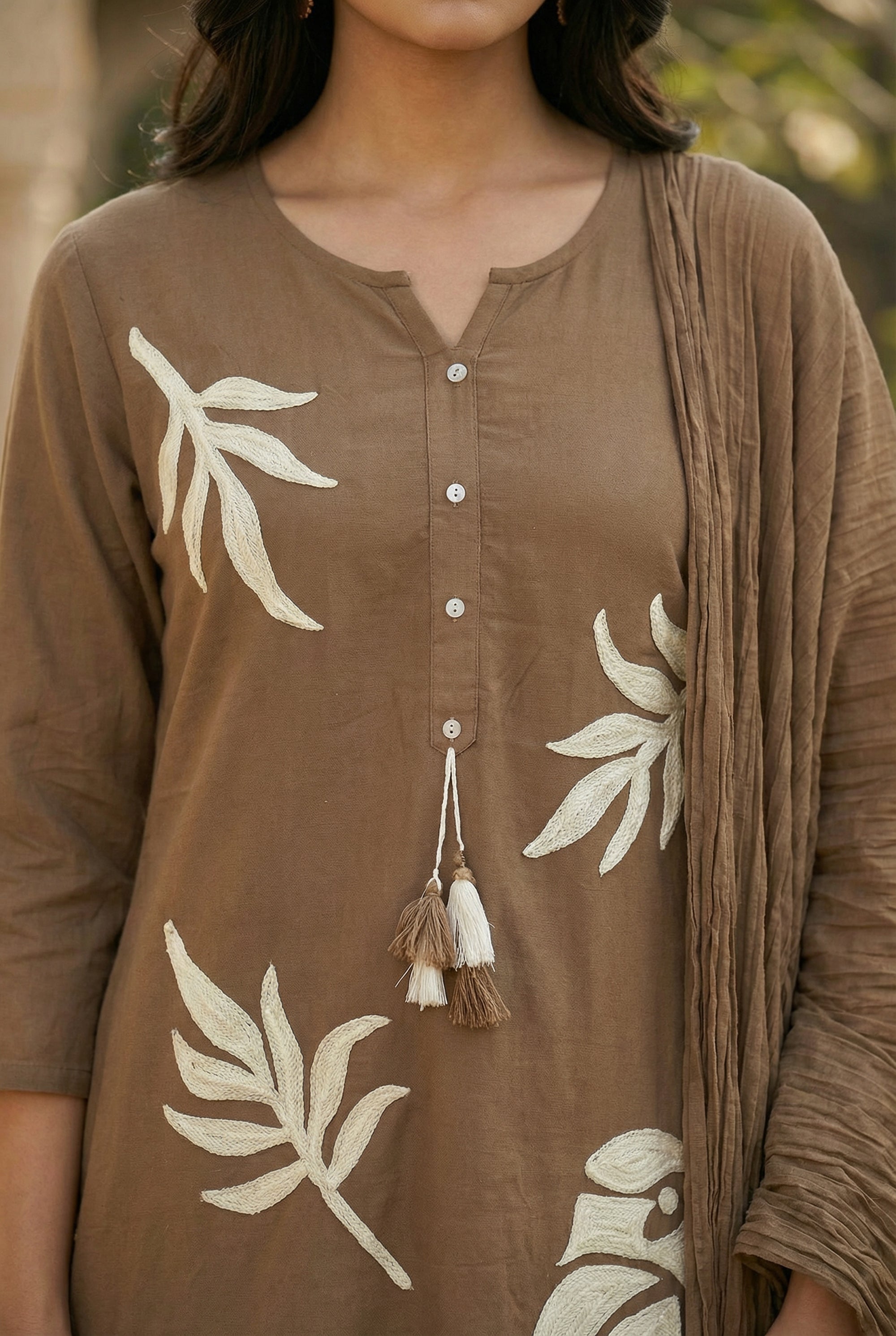 Brown Bird & Leaf Embroidered Cotton Kurta with Straight Pants & Dupatta