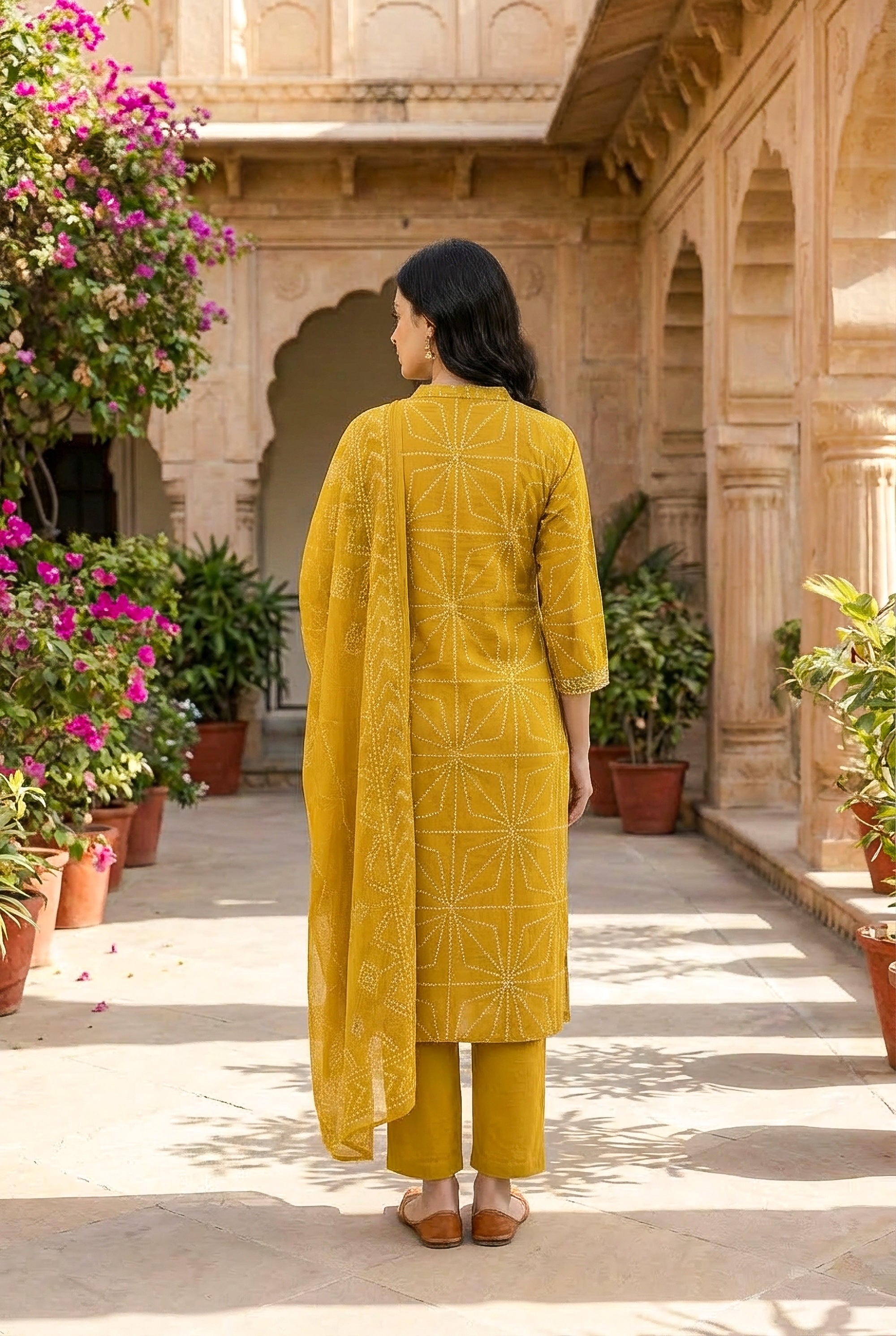 Elegant Mustard Bandhani Kurta Pant Set with Dupatta