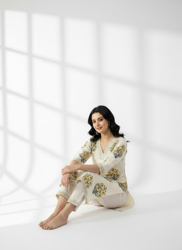 Classic Ivory & Mustard Botanical Printed Kurta Pant Set