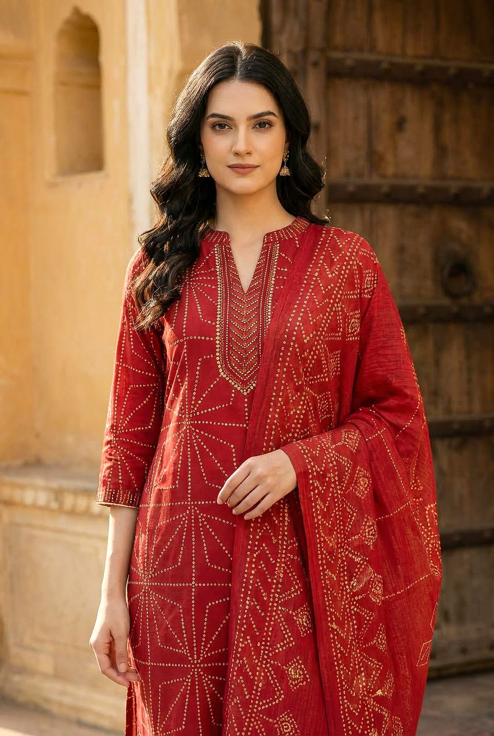 Classic Crimson Bandhani Motif Kurta Set with Dupatta