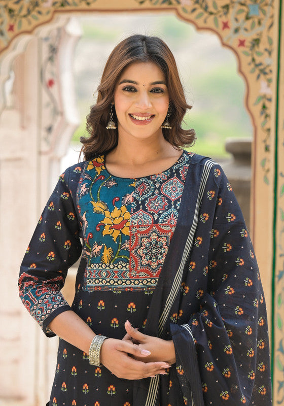 Classic Black Ethnic Printed Kurta Pant Set with Dupatta