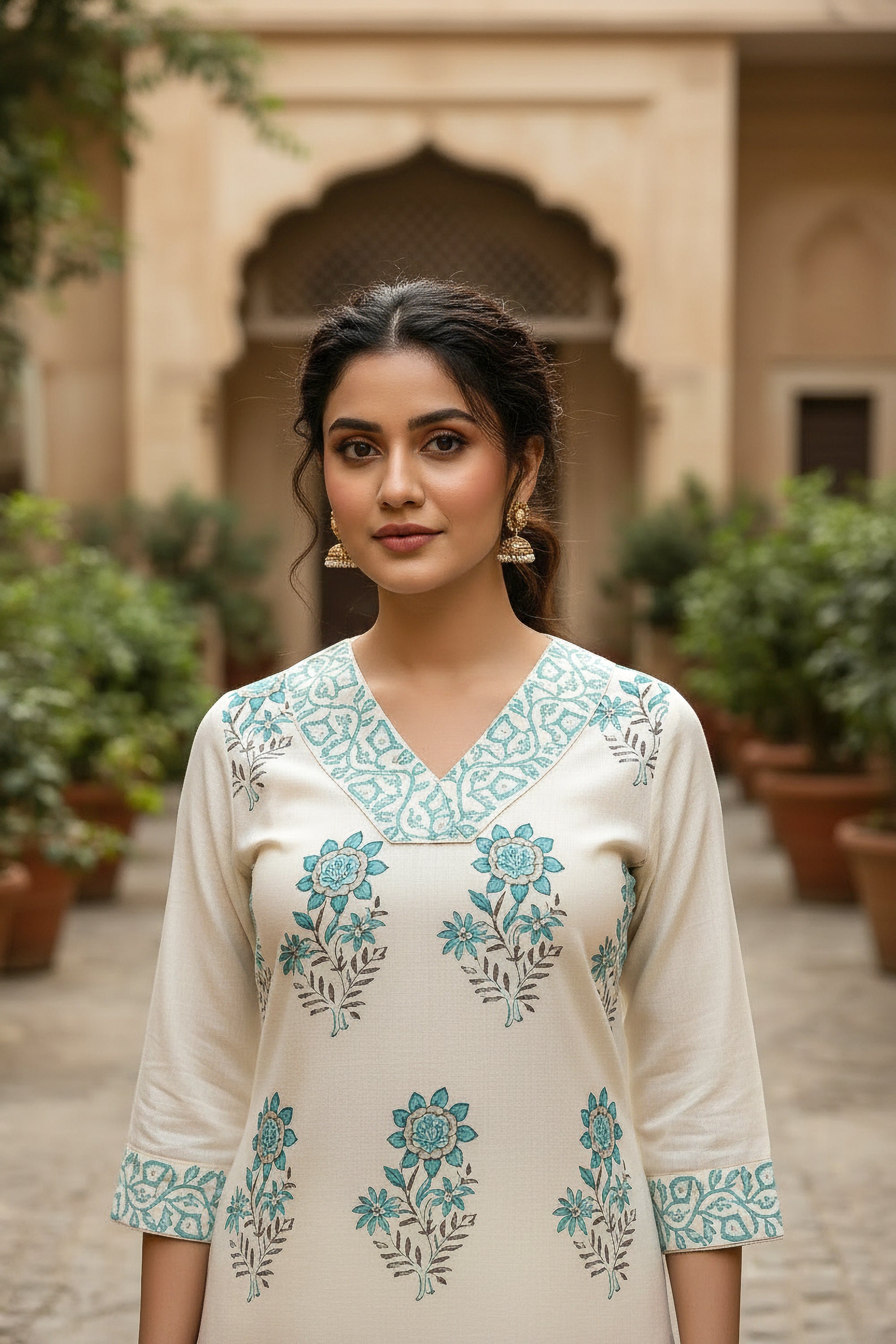 Cream & Aqua Floral Printed Straight Kurta with Palazzo Pants