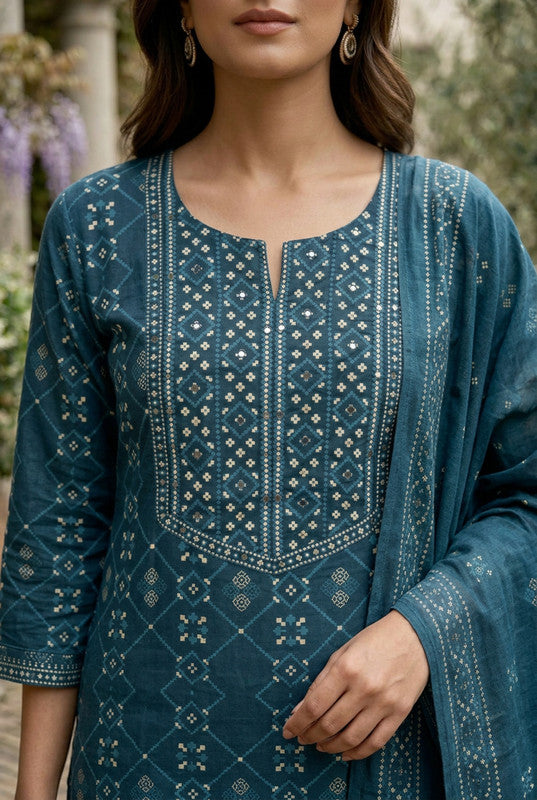 Teal Mughal Heritage Printed Cotton Kurta Set with Dupatta