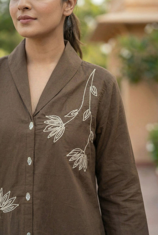 Coffee Brown Embroidered Floral Line Cotton Co-ord Set