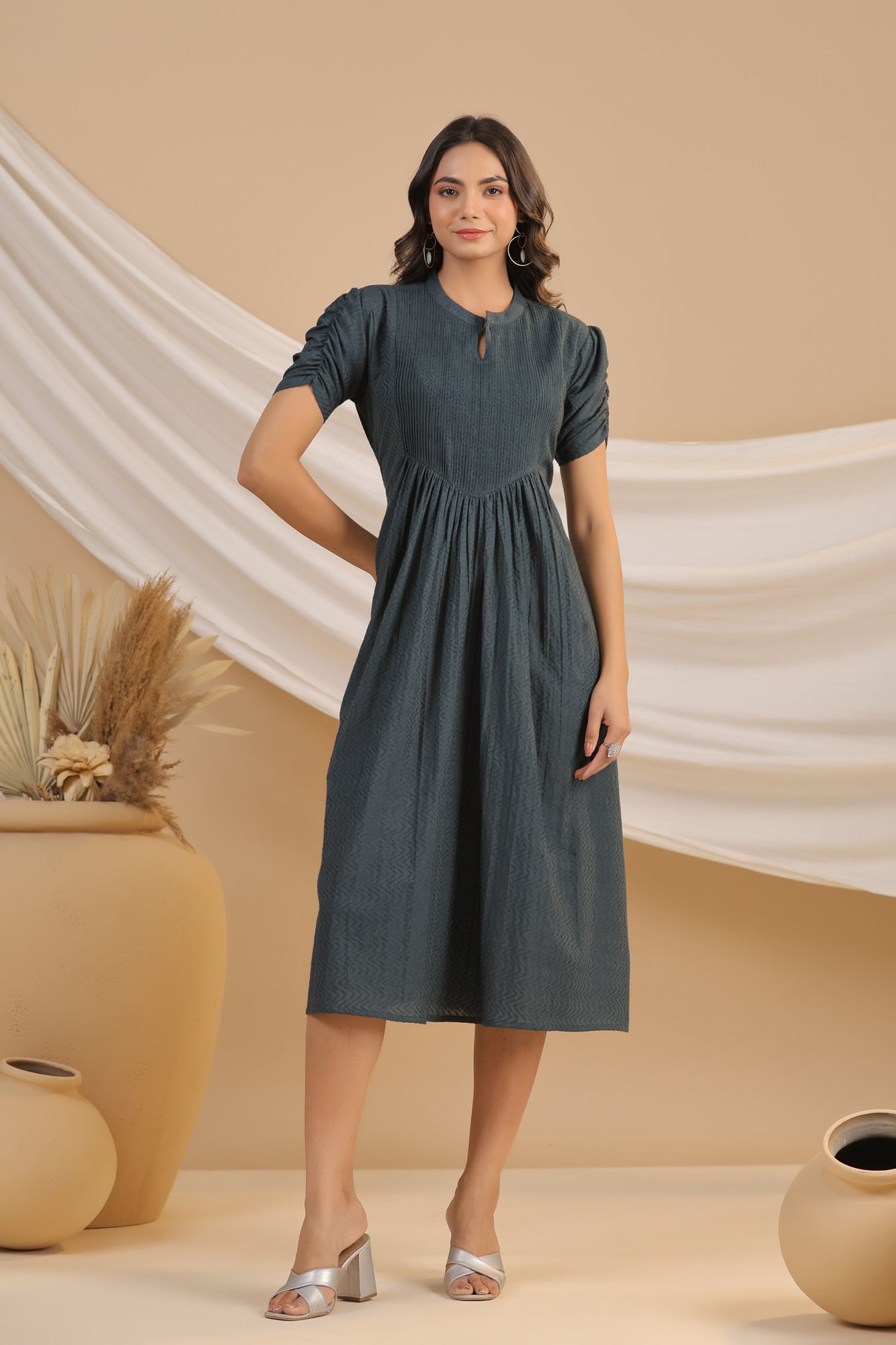 Greige Cotton Flex Pintuck Cotton Flex Dress