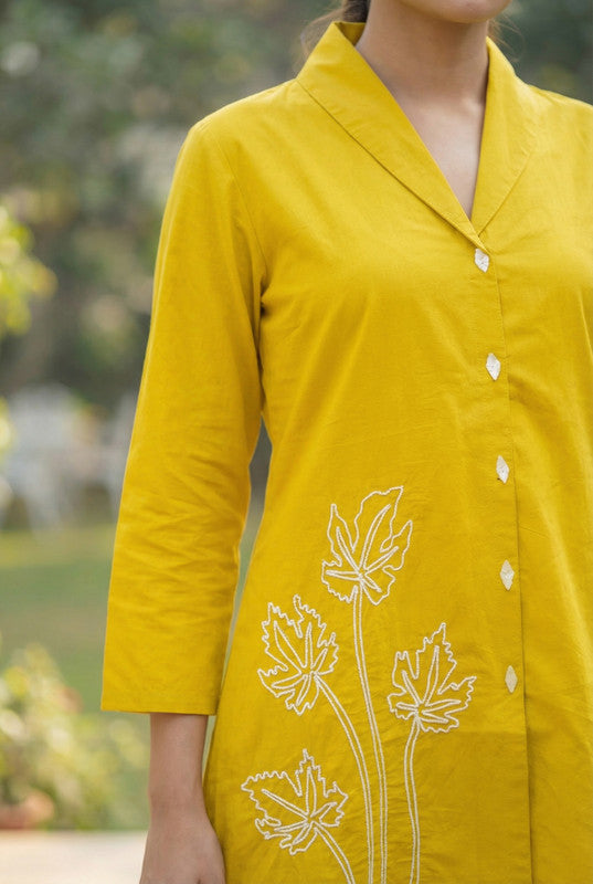 Yellow Sunbeam Leaf Embroidered Button-Down Cotton Co-ord Set