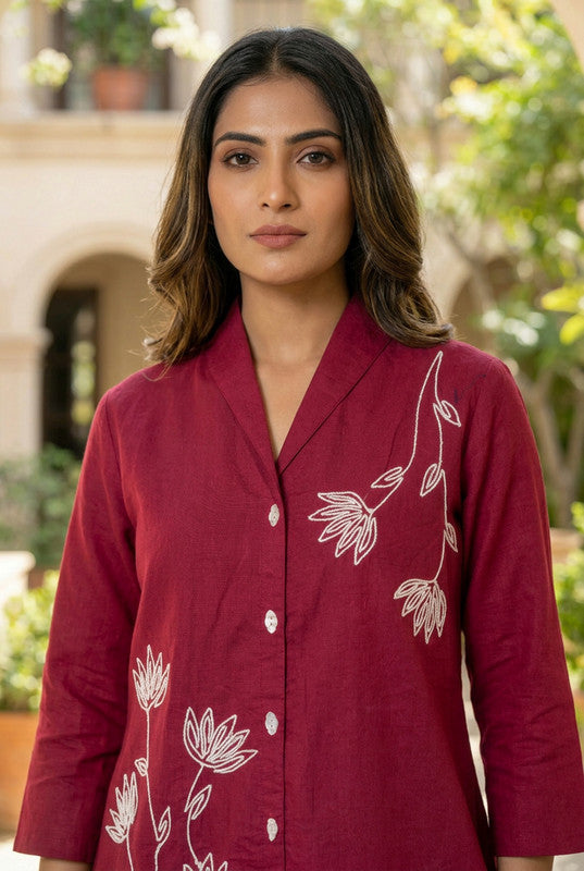 Maroon Floral Elegance Threadwork Embroidered Cotton Co-ord Set