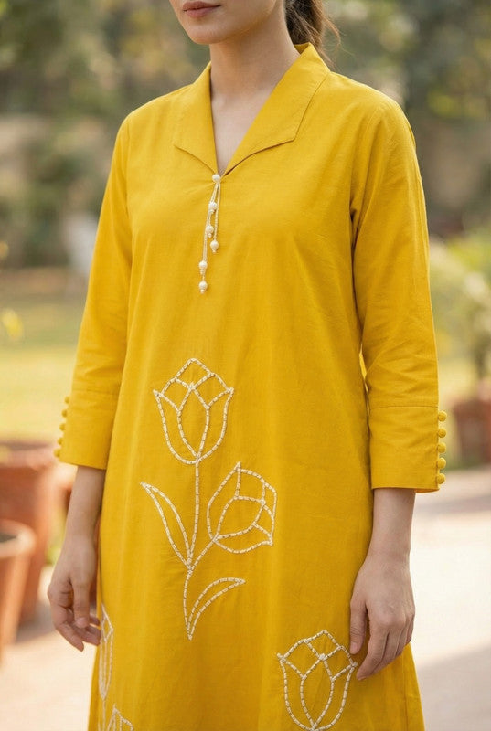 Mustard Embroidered Tulip Floral Threadwork Two-Piece Cotton Co-ord Set