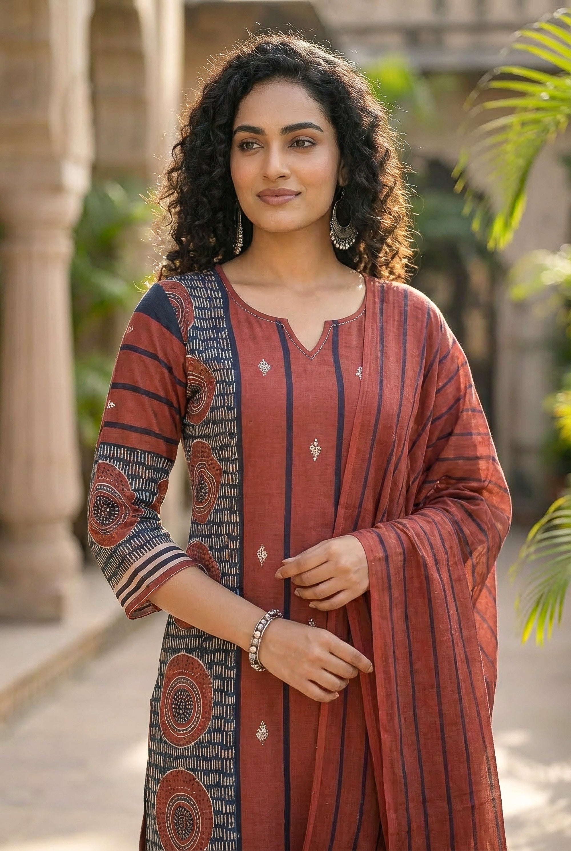 Classic Rust Red Ethnic Motif Printed Kurta Set with Dupatta
