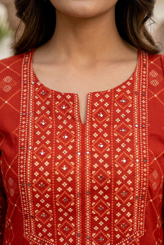 Red Zari Traditional Inspired Cotton Printed Kurta Set with Dupatta