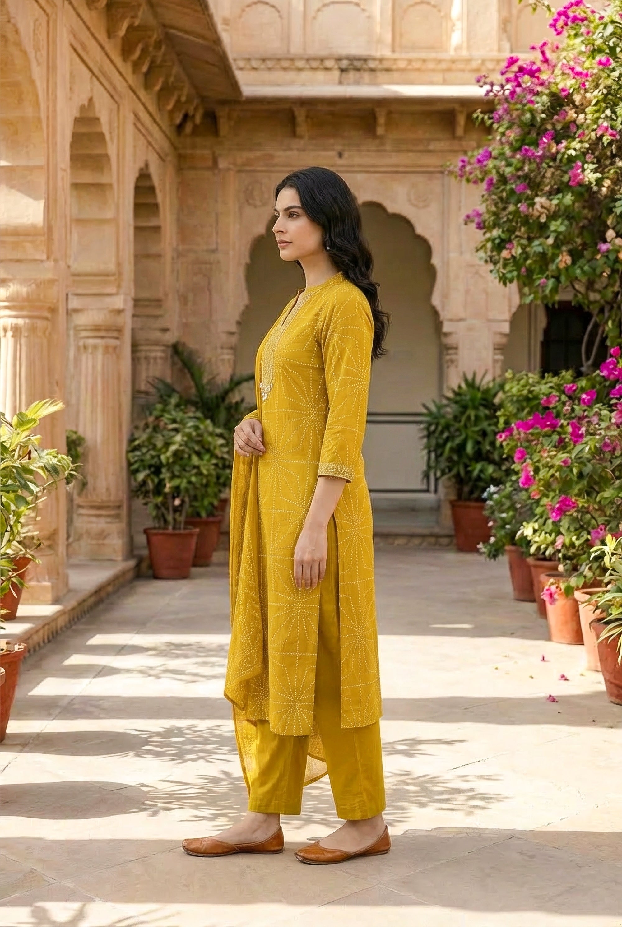 Elegant Mustard Bandhani Kurta Pant Set with Dupatta