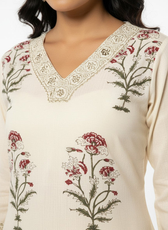 Graceful Ivory Floral Printed Kurta Set with Lace Border Detailing
