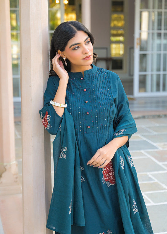 Graceful Teal Blue Embroidered Kurta Set with Dupatta