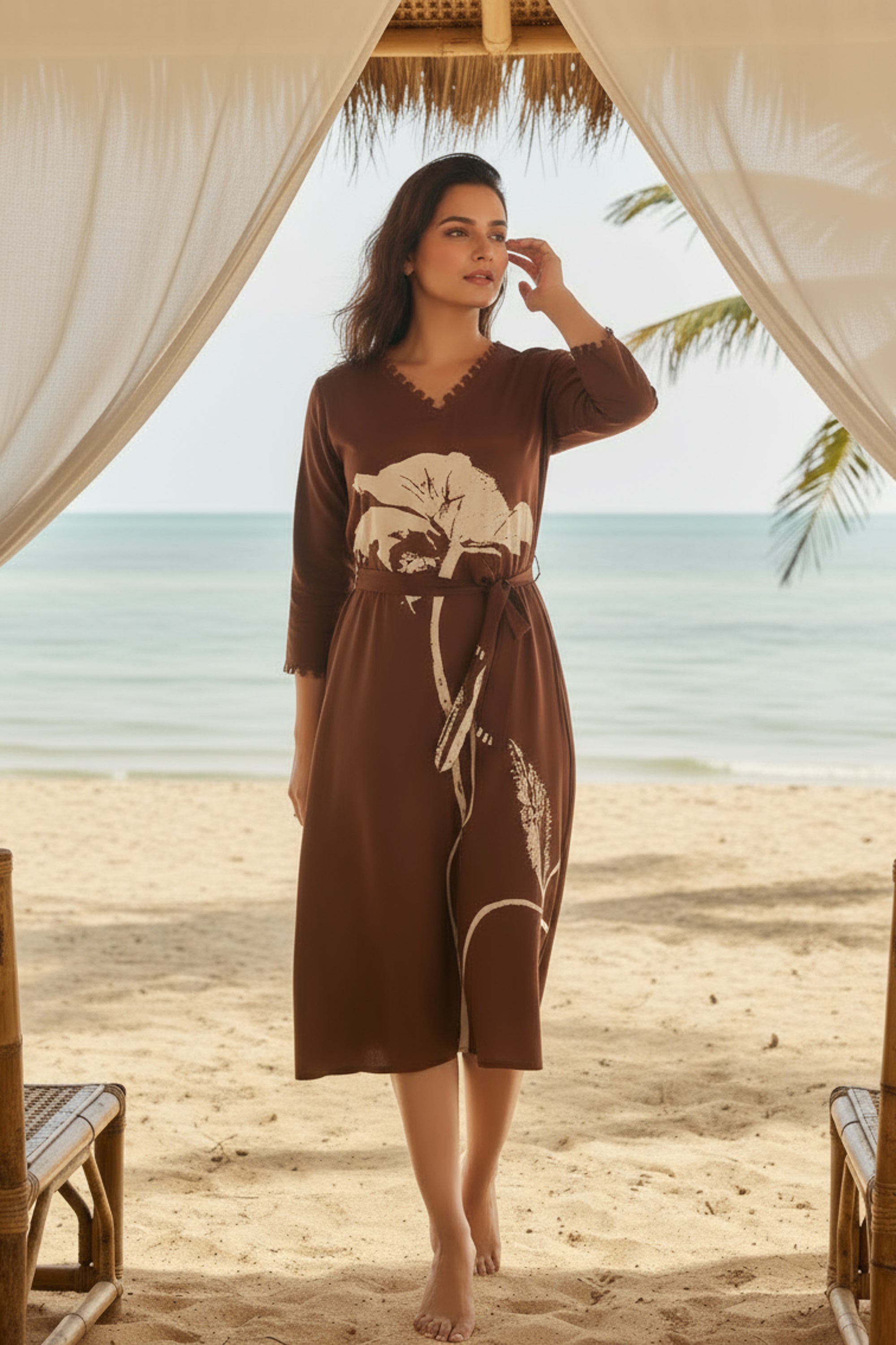 Brown Floral Russian Silk Midi Dress
